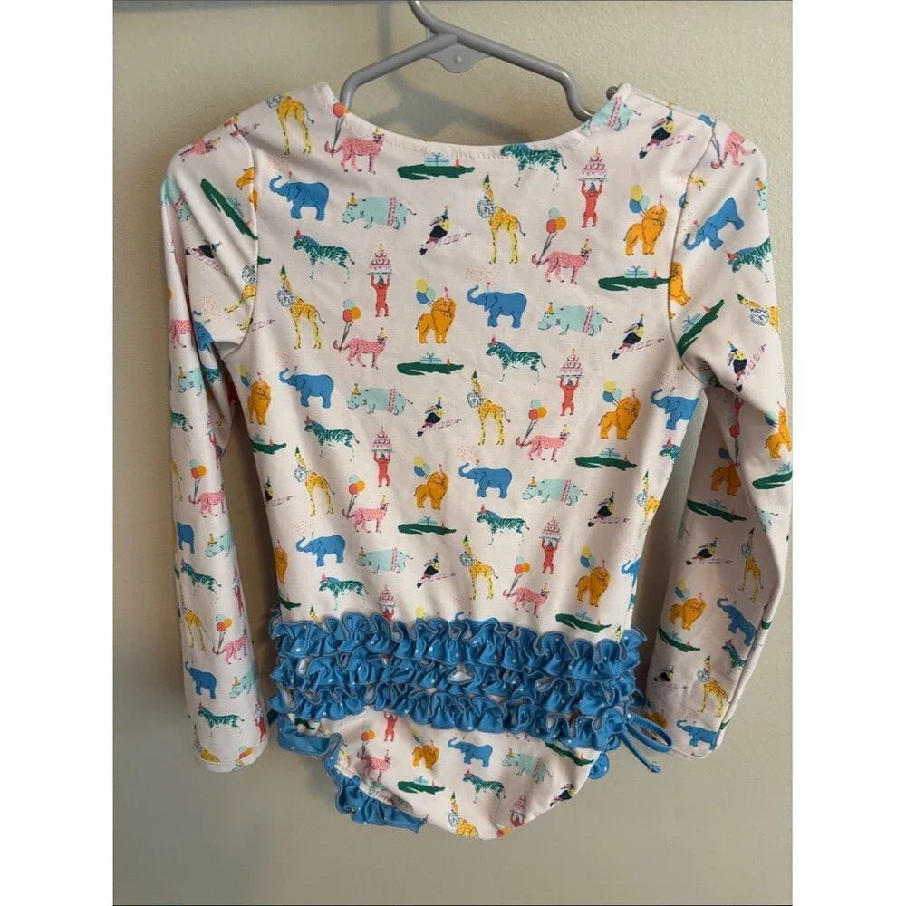 SweetHoney Multicolor Animal Birthday Print Zip Front Swimsuit size 5Y